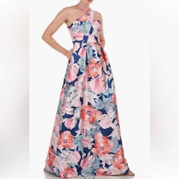 Kay Unger Marine Blue Senna Floral Mikado One-Shoulder Gown